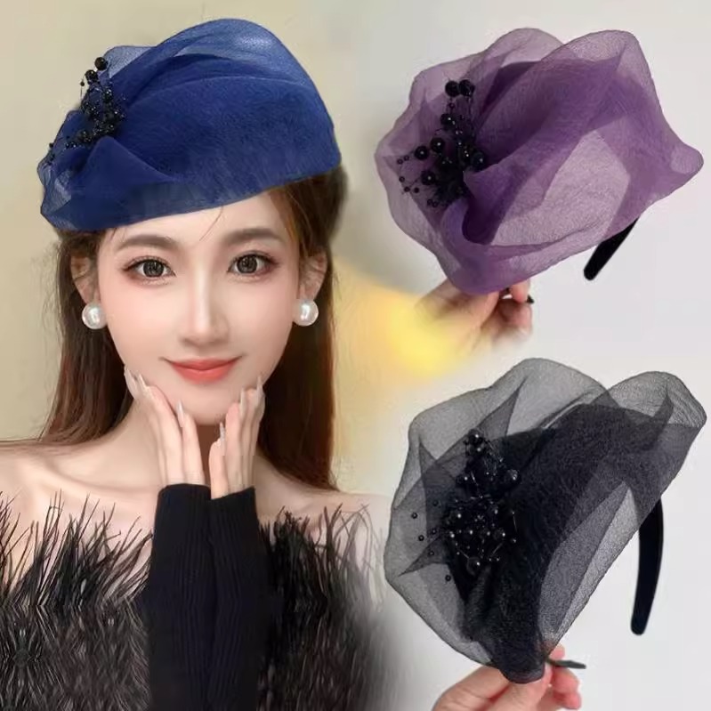 新款时尚透气泡泡纱遮白发半帽洋气宽边发箍百搭头箍女士头饰