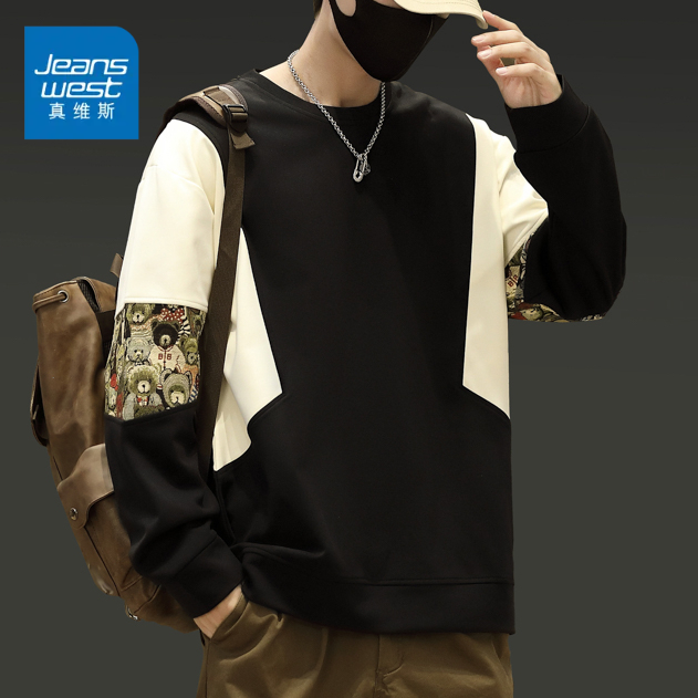 真维斯圆领卫衣男春秋新款中国风拼接刺绣打底衫潮牌小熊长袖T恤