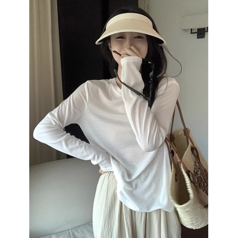 夏季薄款设计感小众白色长袖面膜T恤女圆领宽松显瘦防晒罩衫上衣