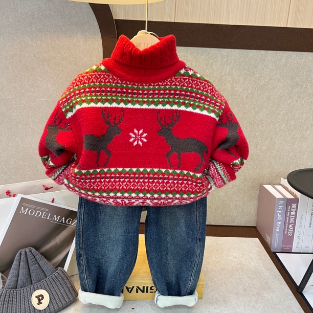 【梅花鹿】冬季加厚高领洋气时尚复古男童3-12岁潮款毛衣6岁女童