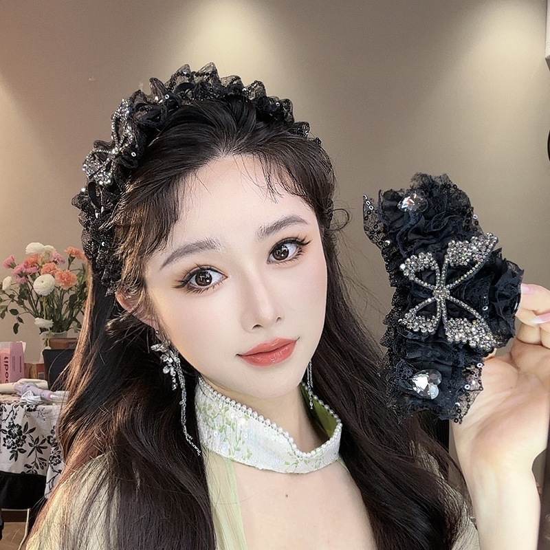 满钻镂空蝴蝶抓夹女韩版精致黑色蕾丝蝴蝶高颅顶发箍头箍百搭发饰