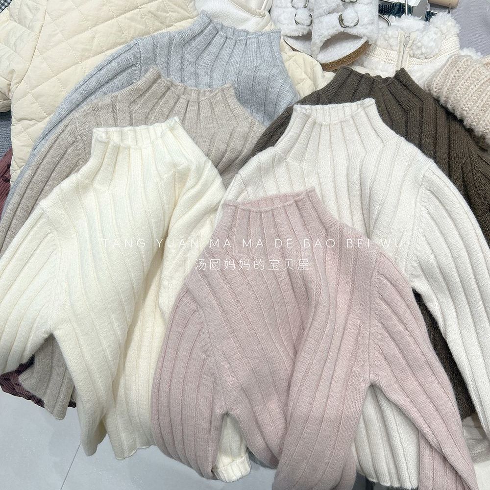 男女童毛衣25秋冬季儿童纯色坑条半高领打底衫小女孩百搭套头线衣