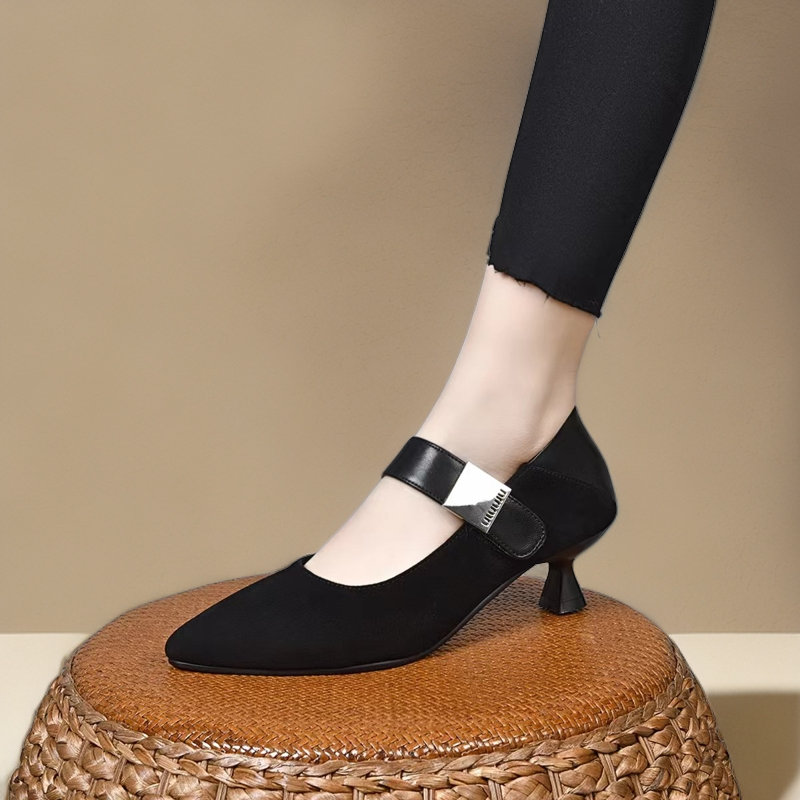 2024羊皮一字带高跟单鞋女百搭尖头浅口细跟中跟可踩跟气质单鞋女