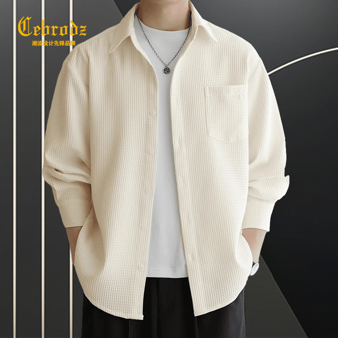 法国Cebrodz初秋日系长袖衬衫男士时尚潮流衬衣外套华夫格新款