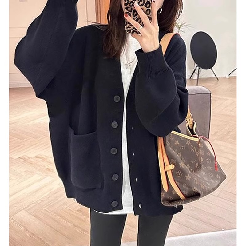 高街慵懒风宽松开衫毛衣大码女装秋冬黑色中长款v领针织外套7063