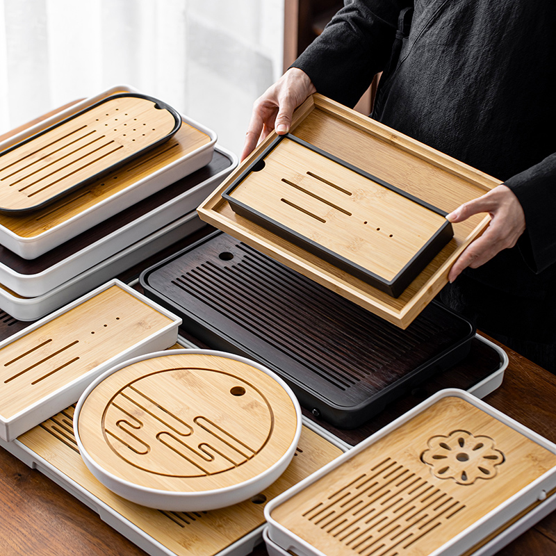 轻奢小型储水式茶台功夫茶具竹制茶海简约干泡台托盘密胺茶盘家用