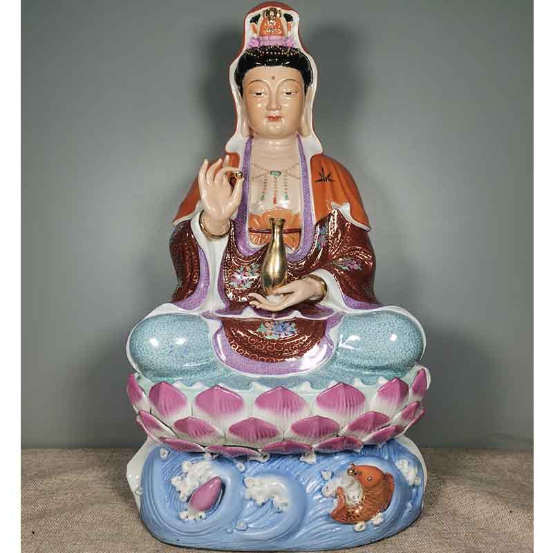 精品坐莲观世音菩萨景德镇陶瓷手工描金净瓶观音老款坐姿家用摆件