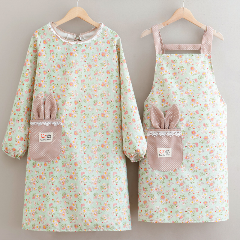 帆布家用厨房做饭围裙长袖女可爱防水上班餐饮工作服成人围腰女款