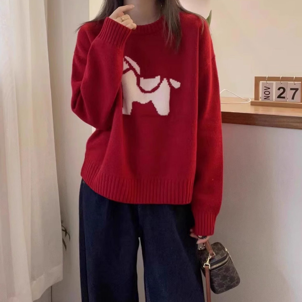冬季新款欧美圆领长袖针织衫宽松显瘦减龄卡通白马套头休闲毛衣潮