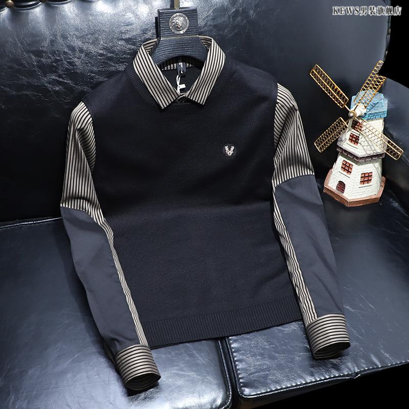 欧货新款秋冬季潮流假两件男士毛衣修身衬衫领条纹针织打底衫男