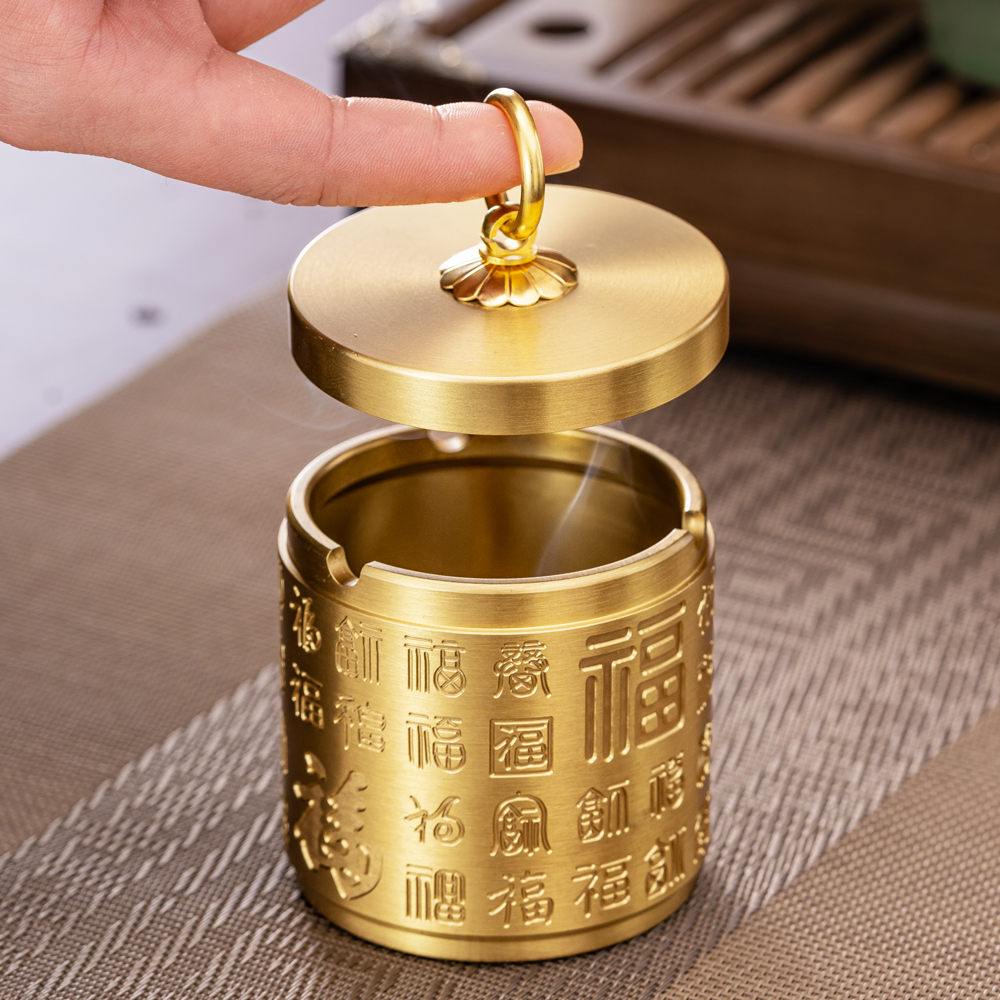 黄铜烟灰缸带盖防飞灰全铜黄铜烟缸车载车用办公室客厅烟灰缸家用