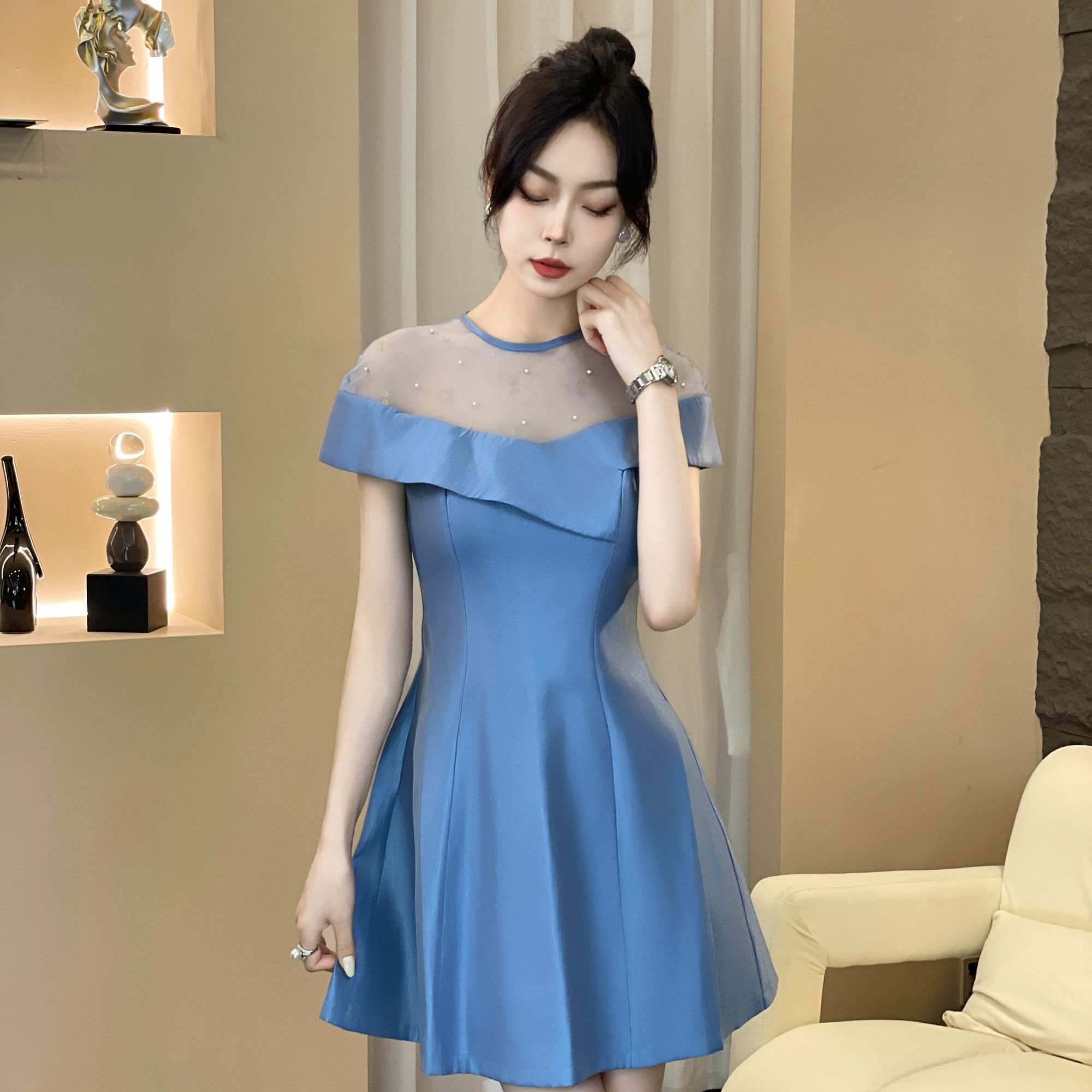 【月光女神-蓝】夏季新款法式小众复古轻奢设计短A连衣裙 21294