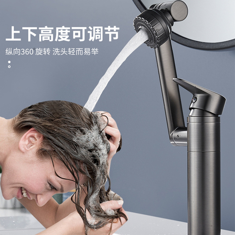 JONMOW多功能加高招财猫洗手盆冷热水枪灰色不锈钢全铜家用台上盆