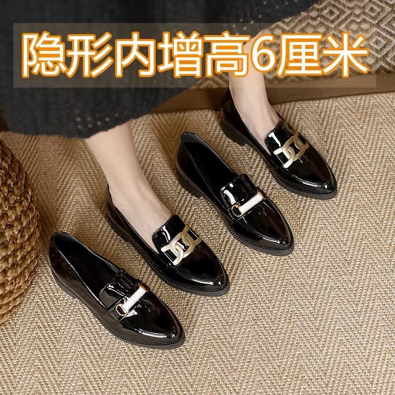 内增高厚底乐福鞋女2025年新款秋季黑色尖头工作单鞋英伦风小皮鞋