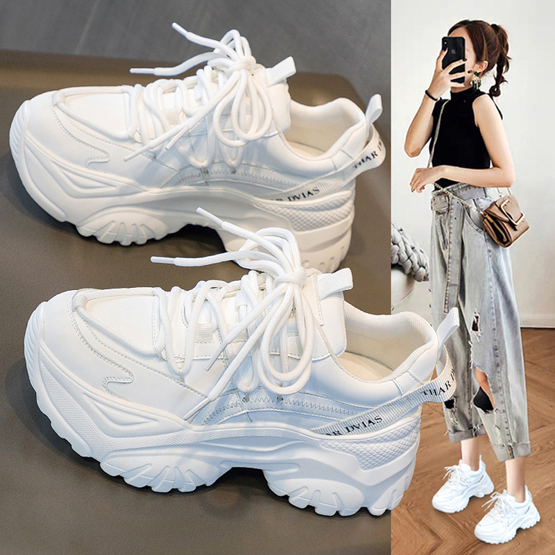 明星同款白色老爹鞋女款2025爆款百搭显脚小增高6cm休闲小白鞋子