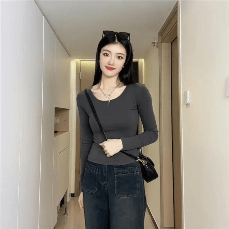 长袖t恤女秋季2024新款显瘦修身百搭纯色打底衫圆领上衣小个子棉T