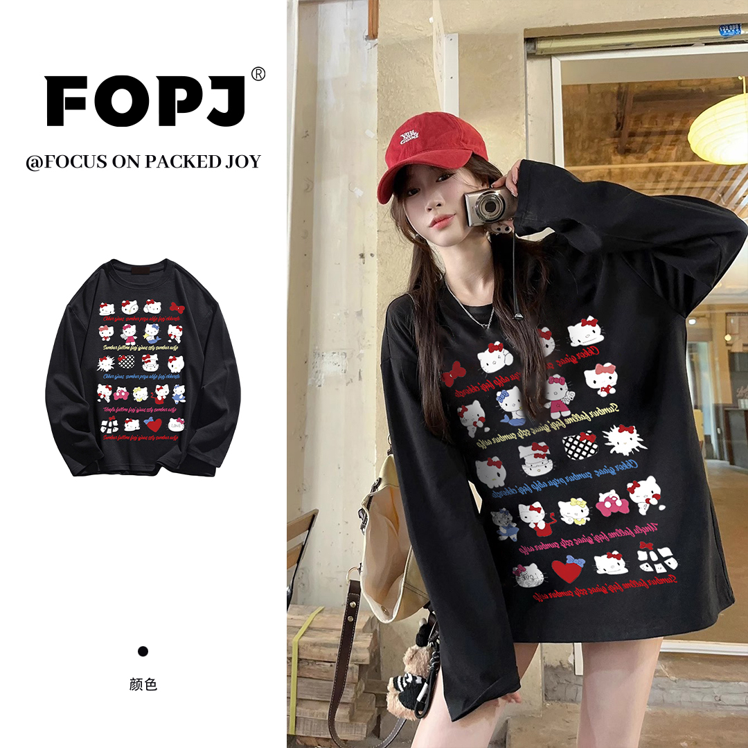 FOPJ春秋季重磅硬挺纯棉宽松长袖t恤女卡通印花圆领时尚套头上衣