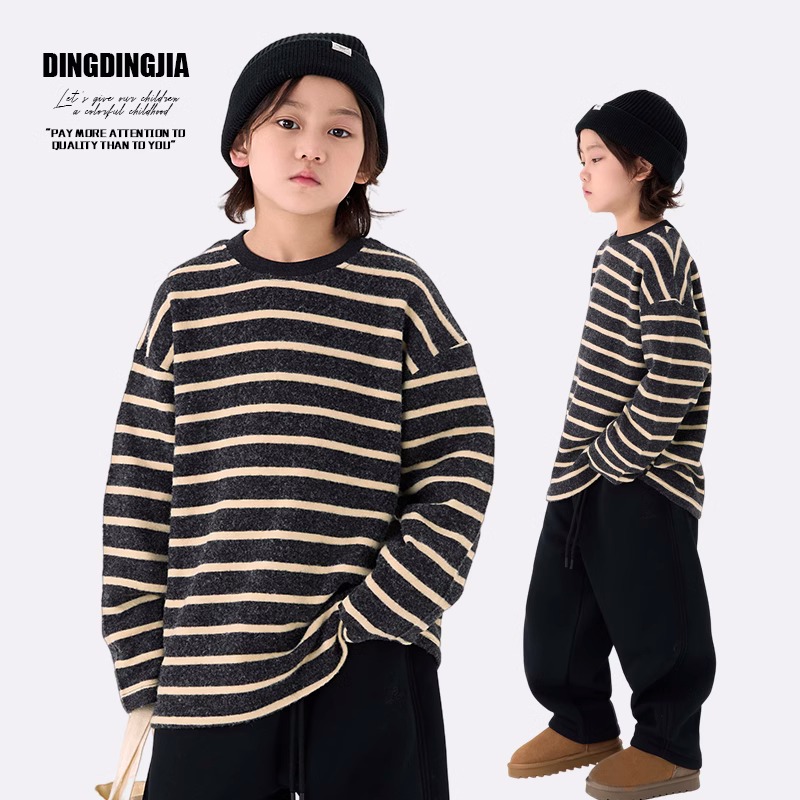 【现货】童装男童加绒条纹卫衣秋冬中大童保暖打底衫冬装亲子24545