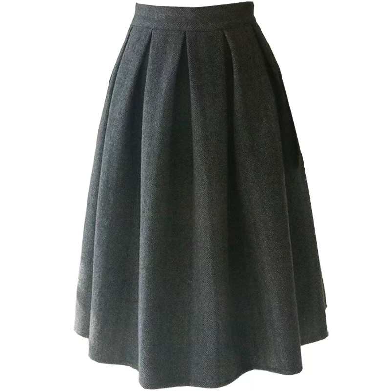 秋冬新款高腰百搭显瘦黑色长裙毛呢高腰百褶裙女士大摆通勤半身裙