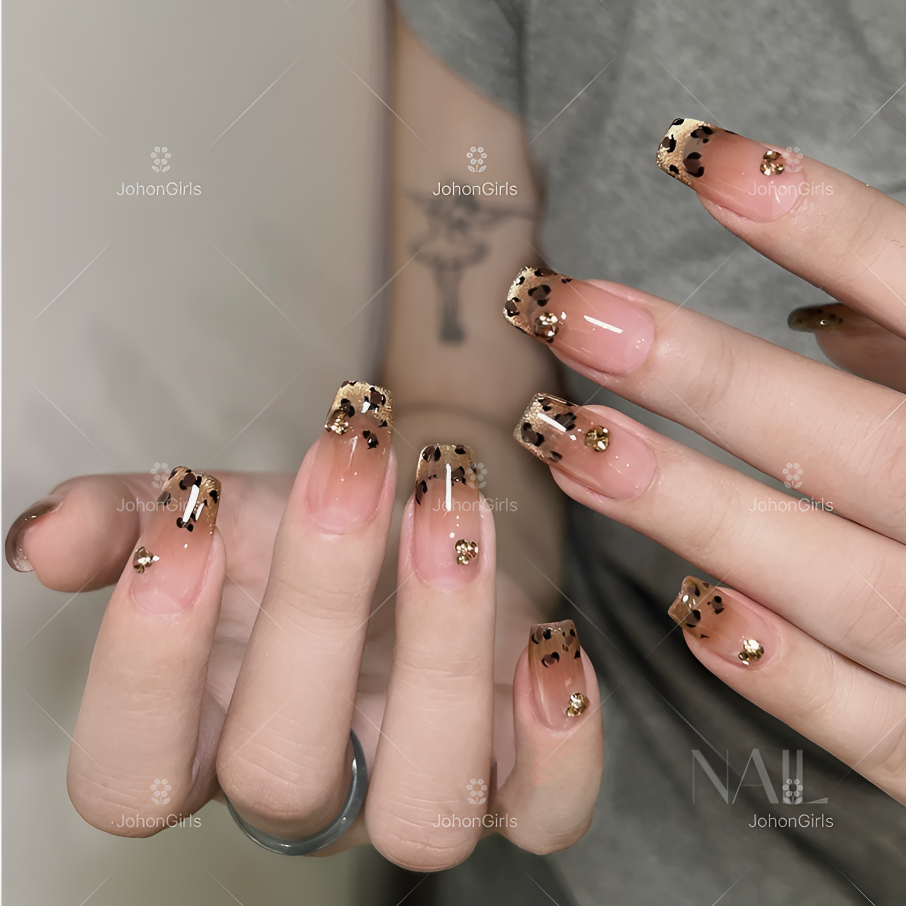 JohonGirls'/琴岛小嫚【香槟豹纹】气质手绘渐变流行手工穿戴甲ins