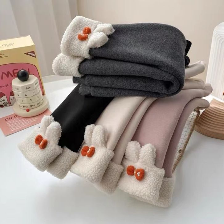 女童兔耳朵加绒打底裤加厚秋冬季女宝宝一体绒羊羔绒外穿保暖裤子