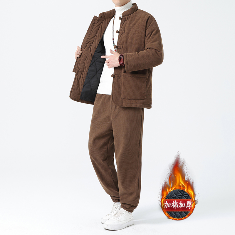 冬季中国风男装棉服套装中式复古唐装加厚保暖棉衣棉裤休闲两件套