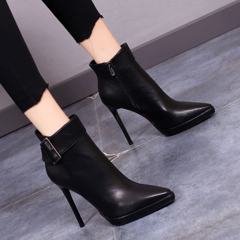 高跟短靴女2025年秋冬新款韩版百搭防水台细跟女鞋马丁靴尖头裸靴