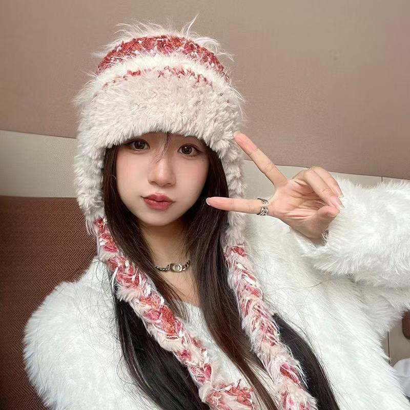 新款民族风条纹拼接针织毛线帽秋冬女加厚保暖防寒护耳套头雷锋帽