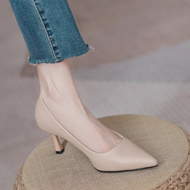 WANSSENY裸色高跟鞋女细跟2025新款软皮不磨脚礼仪单鞋职业工作鞋