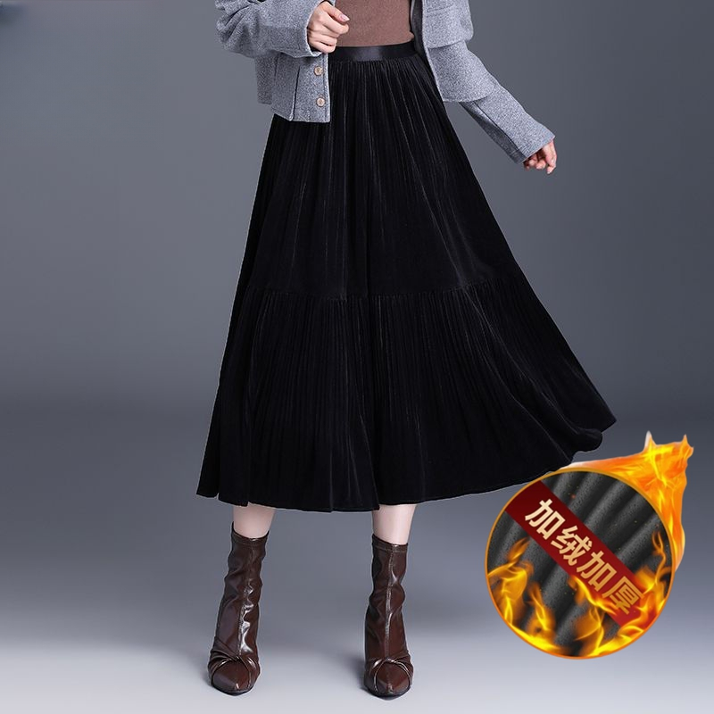 加厚磨毛丽丝绒a字百褶黑色高腰半身裙女2023秋冬新款中长款裙子