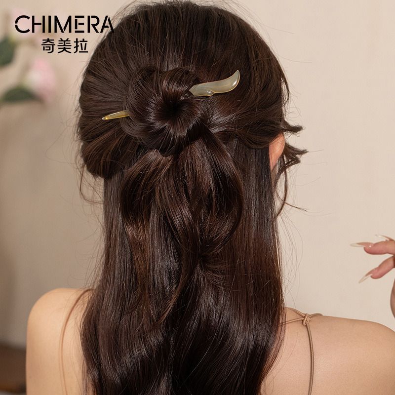 奇美拉短款新中式羊角发簪女盘发器簪子古风头饰汉服高端发饰简约