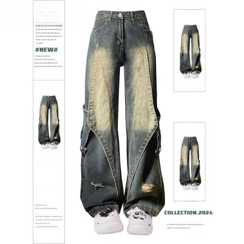 300斤大码美式加长复古小众设计感新款牛仔裤宽松直筒拖地裤男女