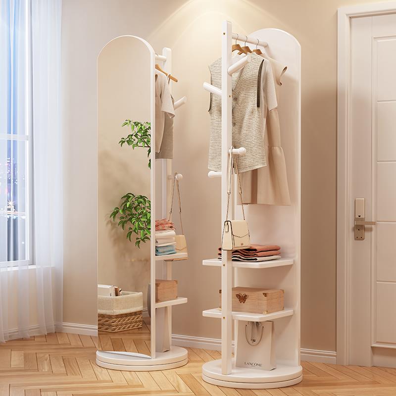 旋转穿衣镜挂衣架一体全身镜家用卧室实木可移动衣帽架带灯落地镜
