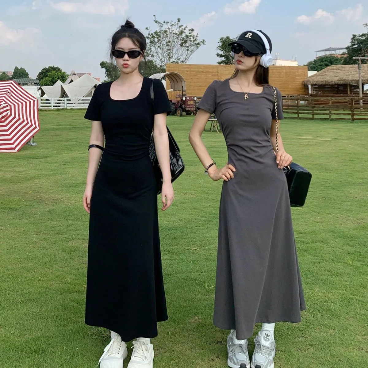 修身显瘦法式U型领褶皱掐腰连衣裙夏季新款休闲中长款连衣裙子女