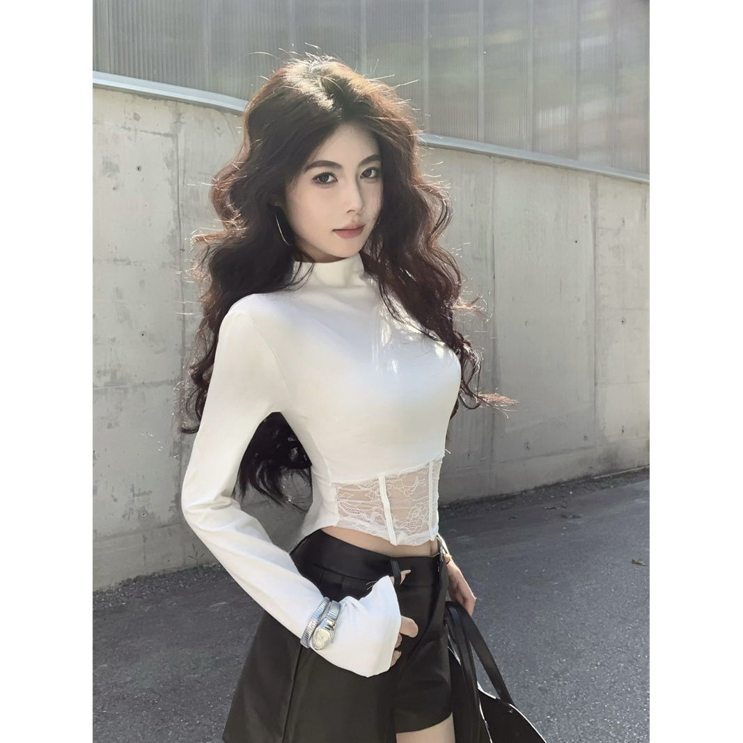 辣妹性感蕾丝鱼骨沙漏腰半高领长袖T恤秋冬新款吸睛设计感上衣潮