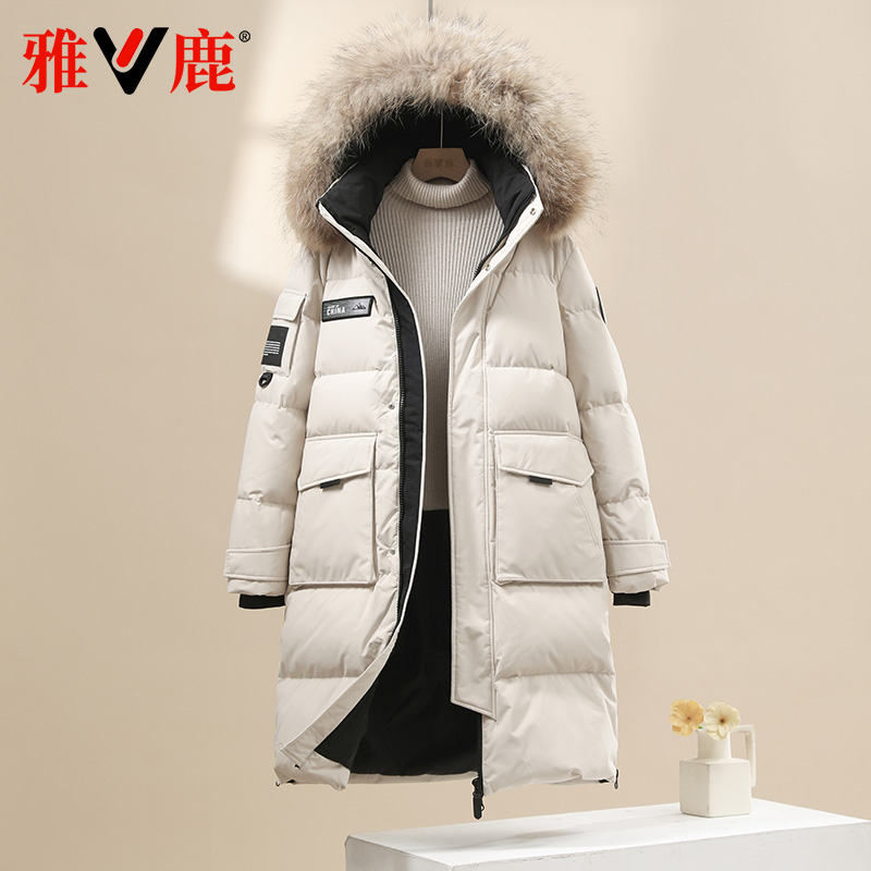 雅鹿2025新款羽绒服女中长款连帽宽松舒适秋冬季大码保暖女士外套