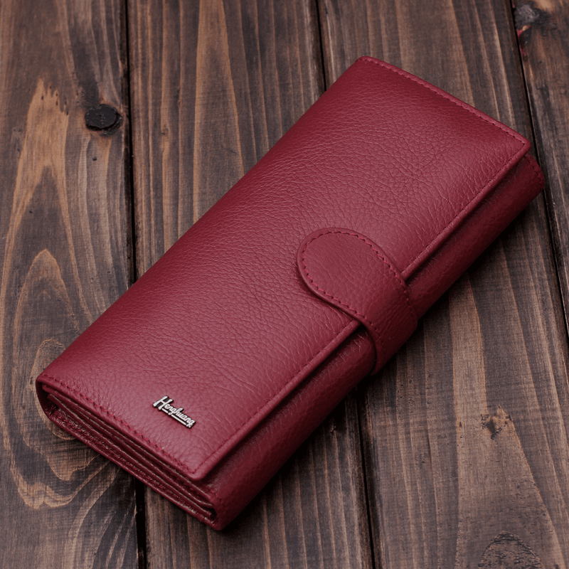 头层牛皮真皮女士女款皮钱包长款三折复古钱夹手拿包皮夹韩版百搭