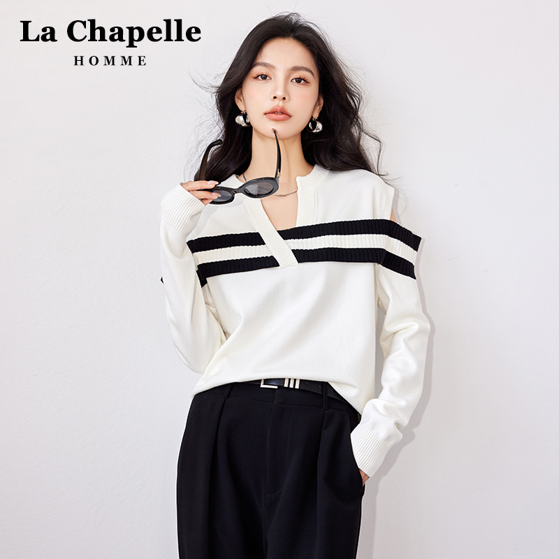 拉夏贝尔法式露肩条纹针织衫女2025春秋季新品V领显瘦长袖上衣潮