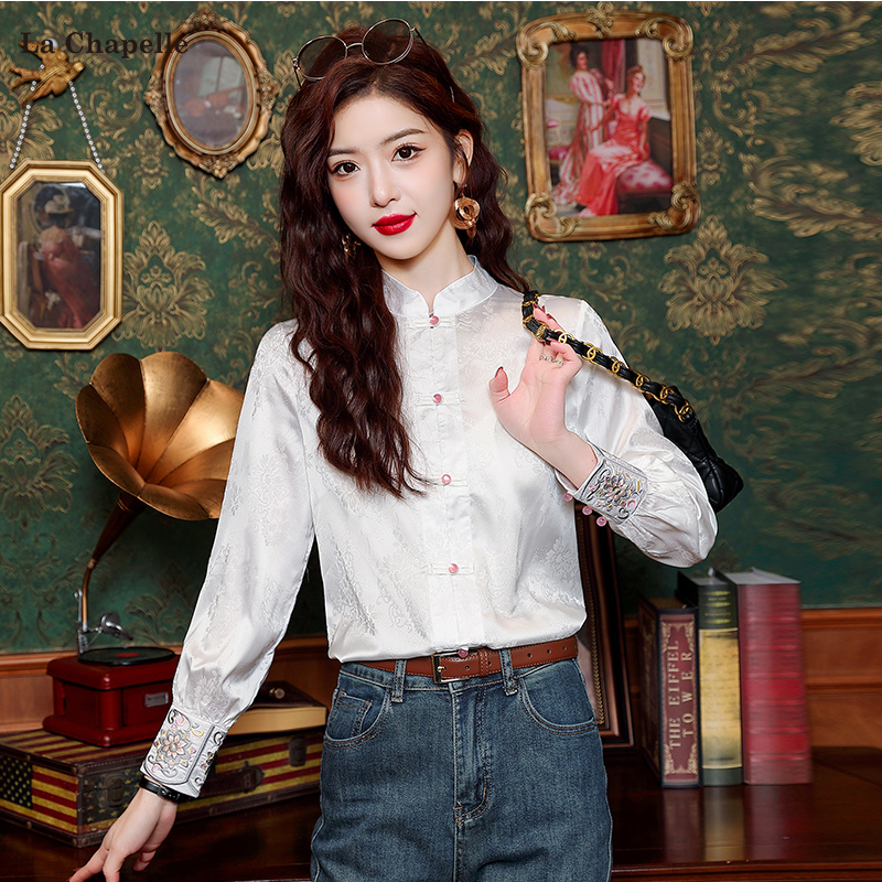 拉夏贝尔中式立领国风衬衫2025春季新款刺绣新中式国风提花上衣女