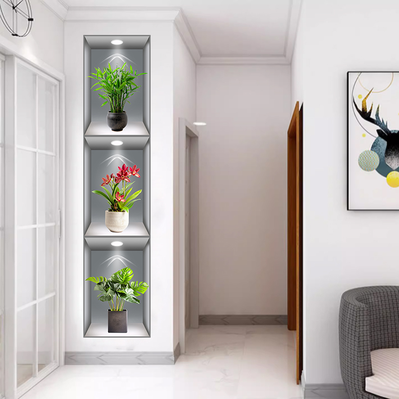 植物花卉竖版效果盆栽贴画过道楼梯三联装饰画宾馆餐厅自粘壁画