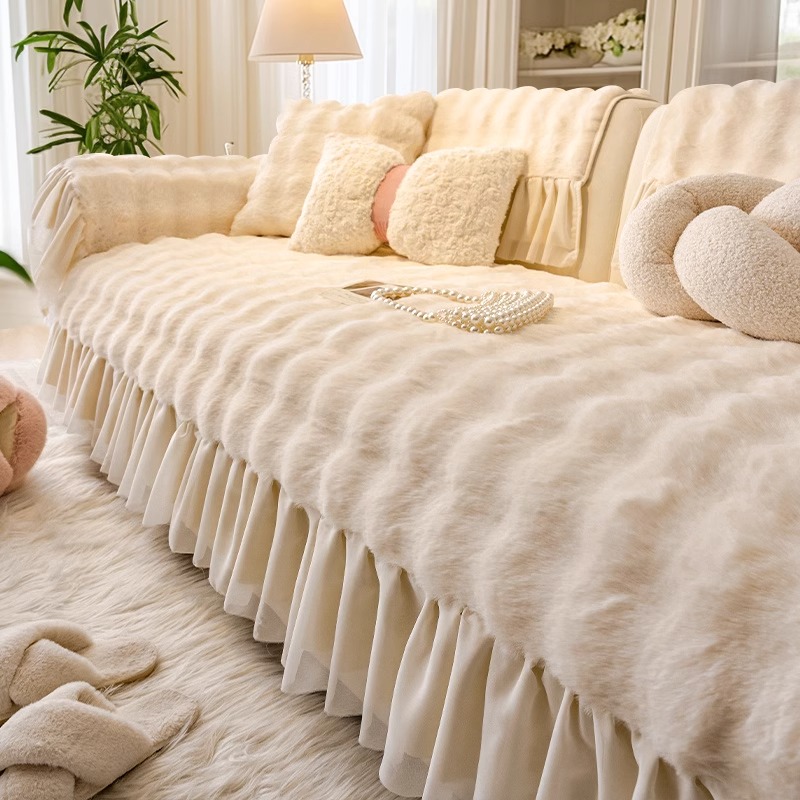 麦颜2024新款裙边兔毛绒沙发垫秋冬奶油风坐垫子固定防滑盖布巾