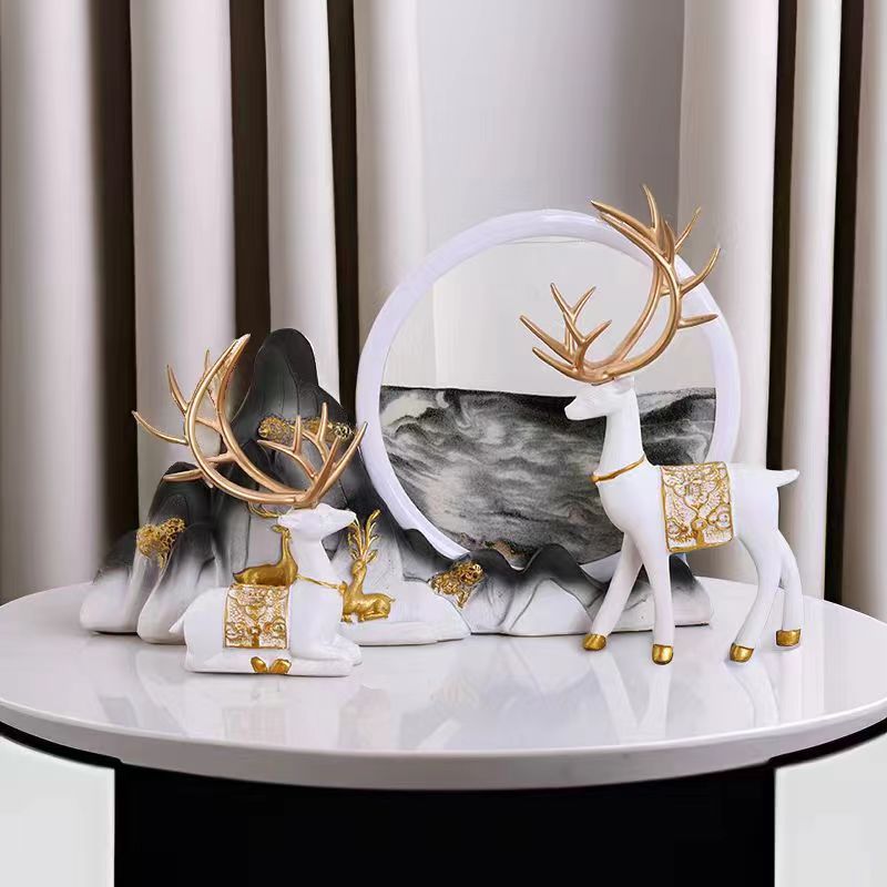 流沙画摆件吉祥鹿三件套玄关酒柜装饰摆件办公室客厅布置家居用品