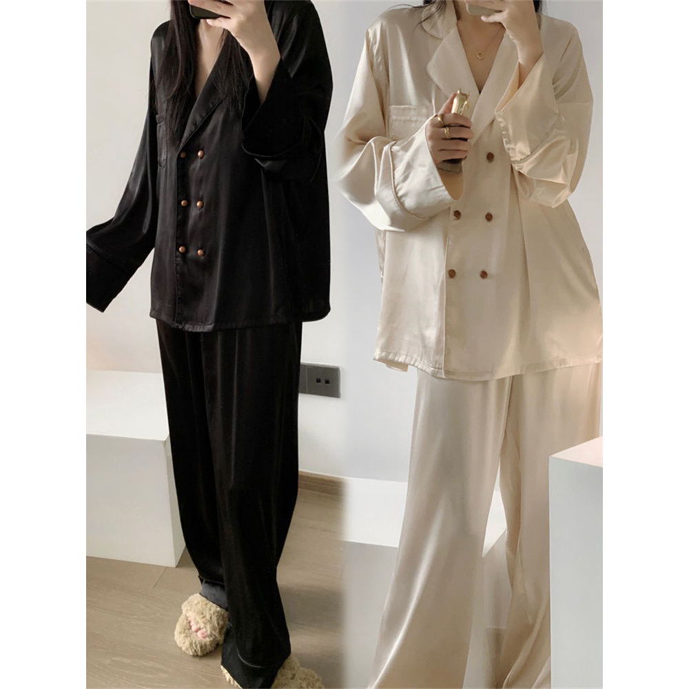纯色高级缎面凉感冰丝睡衣女套装春秋季2024新款大码双排扣家居服