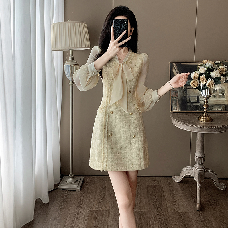 法式富家千金风裙子女高端小众设计气质炸街小香风假两件连衣裙