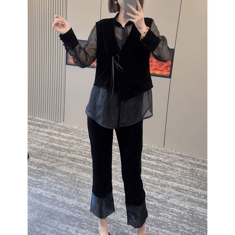 时尚国风盘扣套装女2025秋季新款气质显瘦拼接丝绒衬衣裤子两件套