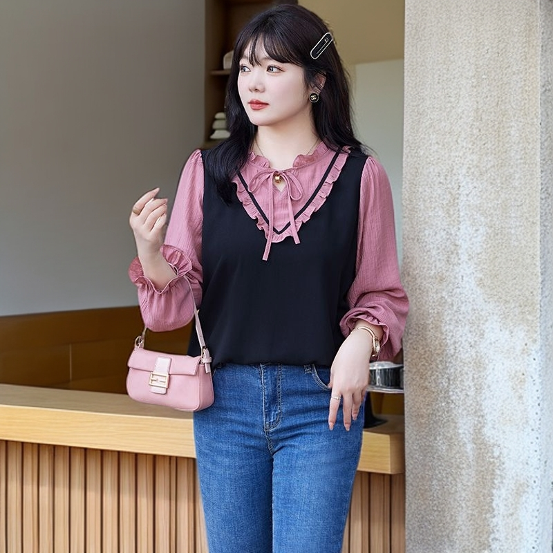 胖mm大码雪纺小衫秋季新款减龄木耳边宽松遮肉显瘦假两件套头上衣