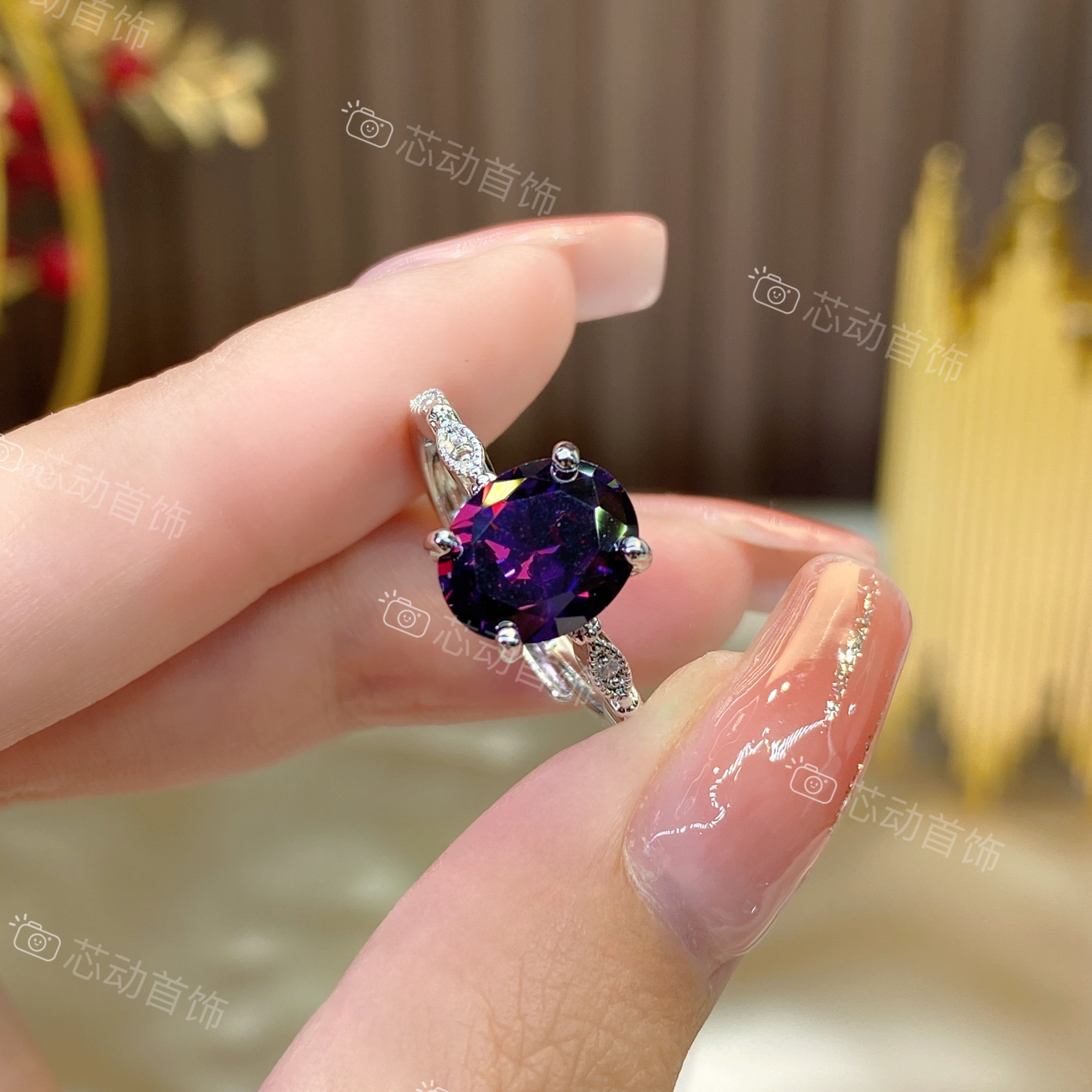 新品戒指【冰花】8×10mm人工宝紫色冰花切镶嵌气质轻奢简约k1316