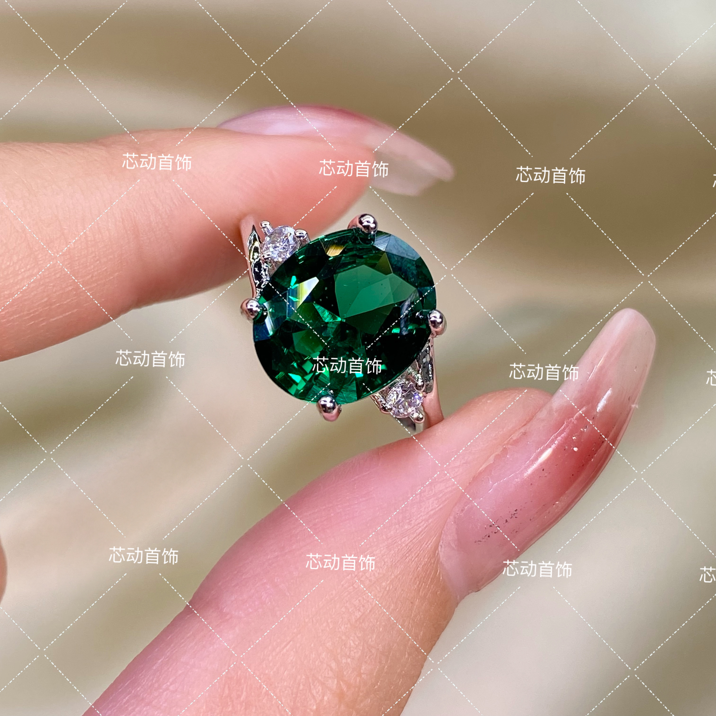 新品戒指【初夏】 10×12mm人工宝祖绿色镶嵌气质轻奢简约女k4179