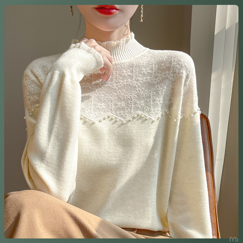 轻奢宽松薄款高级感蕾丝边针织衫秋冬可外穿打底上衣长袖气质毛衣