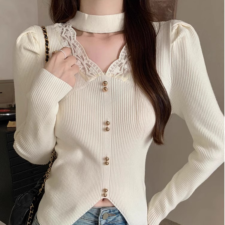 v领镂空蕾丝针织衫女2025年春季新款小个子韩版纯欲打底内搭毛衣